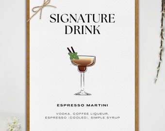 Signature Drinks Wedding Sign Template: Elegant Couples Cocktails (Canva, Digital Download)
