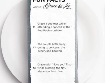 Modern Thank You Card, Fun Facts Thank You Wedding Napkin Note, Printable Wedding Thank You, Plate Setting, Editable Canva Template
