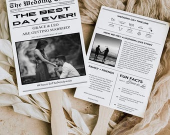 Newspaper Wedding Program Fan Template, Wedding Newspaper Program Fan, Wedding Infographic, Wedding Program Double Sided Fan, Fun Facts