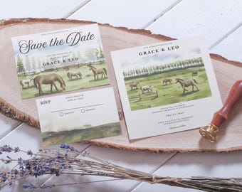 Conjunto de invitaciones de boda de estilo western, paisaje de caballos de montaña, plantilla de Canva (descarga digital)