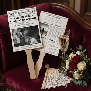 Plantilla de abanico para programa de boda de periódico, infografía para hacer tú mismo (descarga digital)