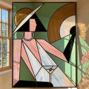 Art-Deco-Frauen-Glasmalerei-Panel, Mid-Century Geometrisch Suncatcher (PDF-Muster)