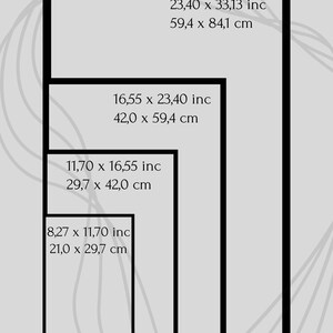 May include: A graphic showing four rectangular frames, labeled A1-A4, with dimensions in inches and centimeters. The largest frame measures 23.40 x 33.13 inches (59.4 x 84.1 cm). The smallest frame is 8.27 x 11.70 inches (21.0 x 29.7 cm).