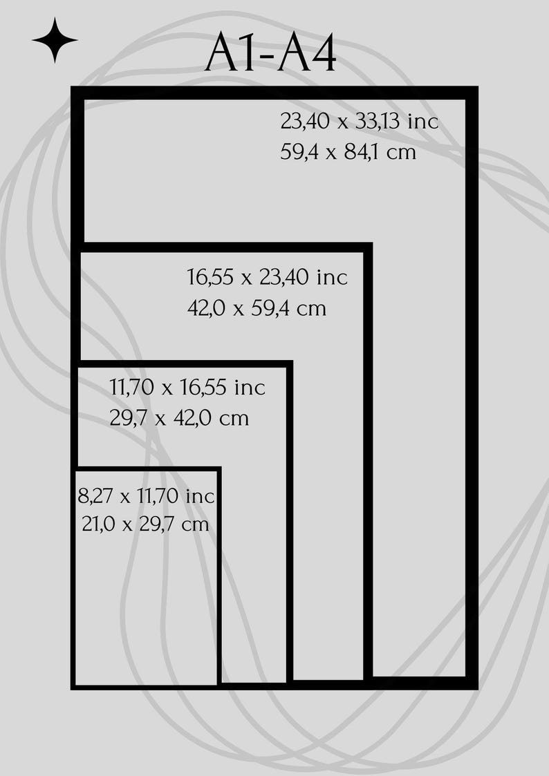 May include: A graphic showing four rectangular frames, labeled A1-A4, with dimensions in inches and centimeters. The largest frame measures 23.40 x 33.13 inches (59.4 x 84.1 cm). The smallest frame is 8.27 x 11.70 inches (21.0 x 29.7 cm).
