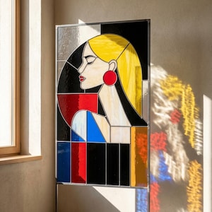Bauhaus Stained Glass Woman Panel, Geometric Suncatcher, Primary Colors (PDF Pattern)