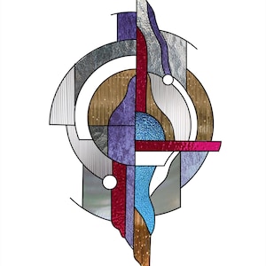 May include: Abstract stained glass design with geometric shapes in shades of blue, purple, red, and gold.