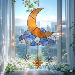 Himmlischer Mond Wolke Glas-Sonnenfänger, Sternennacht-Fensterbehang (PDF-Muster)