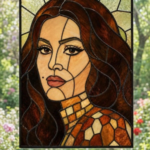 May include: A rectangular stained glass panel featuring a portrait of a person with long wavy brown hair, dark eyes, and a beauty mark on the cheek. The piece uses various shades of brown, tan, and amber glass with black lead lines.