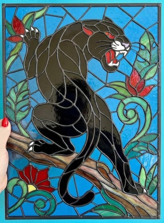 Wild Panther Stained Glass Pattern Numbered Template – Exotic Cat DIY Project PDF Download