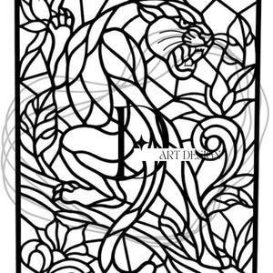 May include: Black and white art design featuring a panther with an open mouth, surrounded by leaves and floral elements. The design is framed with a thick black border and includes the text "ART DESIGN".