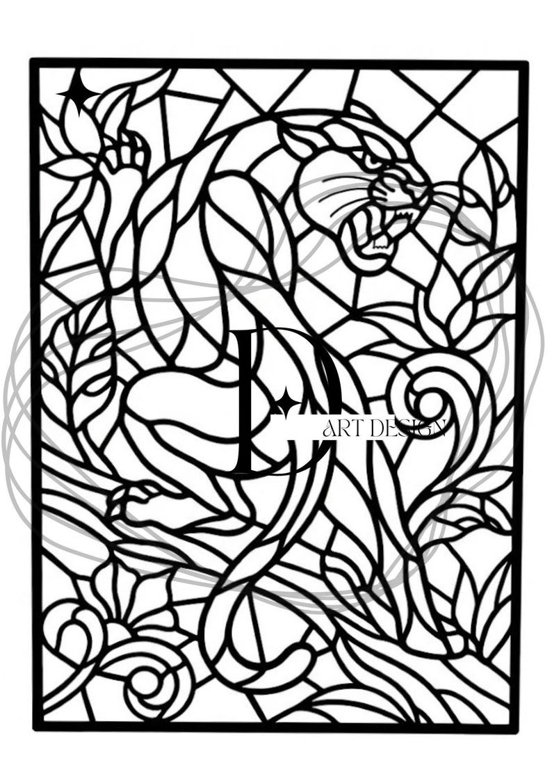 May include: Black and white art design featuring a panther with an open mouth, surrounded by leaves and floral elements. The design is framed with a thick black border and includes the text "ART DESIGN".