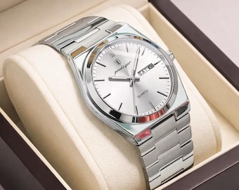 POEDAGAR Men's Stainless Steel Watch Silver Dial Day Date Quartz Wristwatch Luxury Business Casual Waterproof