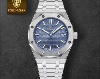 POEDAGAR Men's Stainless Steel Watch: Silver Dial, Day-Date, Quartz Waterproof Wristwatch