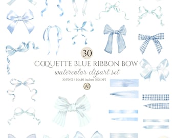 May include: A collection of 30 watercolor clipart bows in various light blue shades. The bows have different styles, including satin, polka dot, and gingham patterns. The text on the image reads "COQUETTE BLUE RIBBON BOW watercolor clipart set".