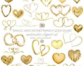 Watercolor Golden Heart Clipart, Romance, Valentine (PNG Graphic)