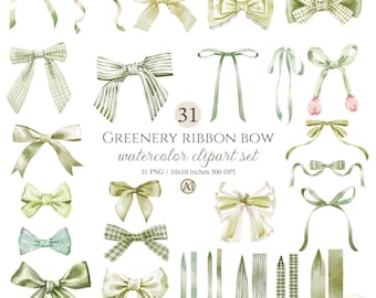 Green Ribbon Bow, Christmas Bow Tie, Watercolor Clipart, Hand Painted, PNG file, Commercial Use