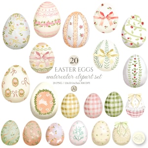 Puede incluir: Una colección de 20 huevos de Pascua en acuarela con varios diseños, incluyendo patrones florales, lazos y cuadros vichy. Los huevos son de colores pastel y están dispuestos sobre un fondo blanco. También se incluye el texto "EASTER EGGS watercolor clipart set".