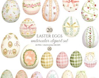 20 Watercolor Easter Eggs Clipart, Pastel Spring Egg, Coquette Easter Elements, Commercial Use