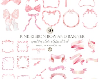 Watercolor Pink Ribbon Bow Clipart, Wedding Decor (PNG file)