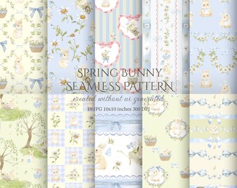 Watercolor Spring bunny Seamless Pattern, Floral Fabric Design (JPG Digital Paper)