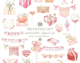 Watercolor valentine gift Clipart Set, COMMERCIAL USE, Digital Files