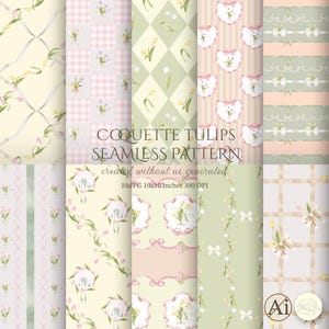 May include: A collection of seamless patterns featuring floral designs with tulips. The patterns include various layouts, such as checkered, striped, and trellis, in soft pastel colors like pink, green, and yellow. The text "COQUETTE TULIPS SEAMLESS PATTERN" is displayed.