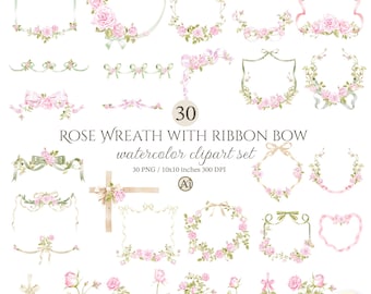 Rose wreath with ribbon bow Clipart Set, PNG for Valentine, Wedding Invitation, Commercial Use