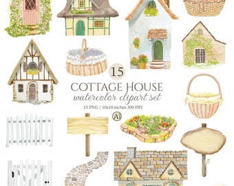 Imágenes prediseñadas de casas de campo en acuarela, paisaje rural inglés PNG (descarga digital, uso comercial)