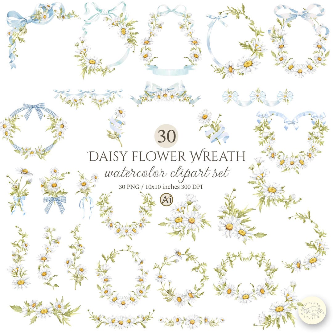 Watercolor Daisy Wreath Clipart, Blue Bow Floral Frames (PNG Digital ...
