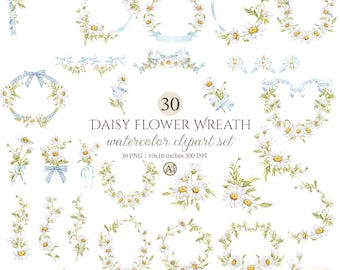Watercolor Daisy Wreath Clipart, Blue Bow Floral Frames (PNG Digital Download)