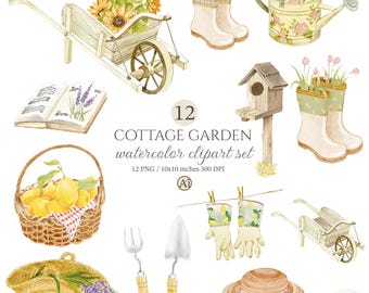 Cottage Garden Watercolor Clipart, English Summer PNG (Digital Download, Commercial Use)