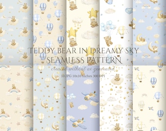Watercolor Teddy Bear Seamless Pattern, Dreamy Sky Clouds Moon Fabric Design