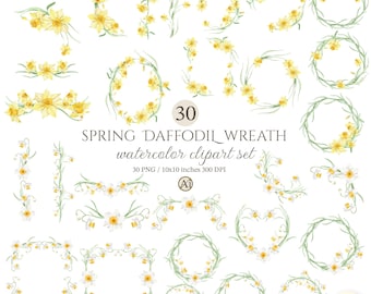 30 Watercolor Daffodil Wreaths, Spring Floral Frames, Borders (Digital Download)