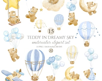 Watercolor Teddy Bear, Clouds and Stars PNG, Nursery Art, Baby Shower, Commercial Use