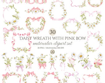 Watercolor Daisy Wreath Clipart, Pink Bow Floral Frames (PNG Digital Download), Girl baby shower
