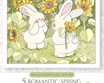 Hand-Drawn Spring Coloring Pages, Bunnies and floral (PDF/PNG Downloadable Files)