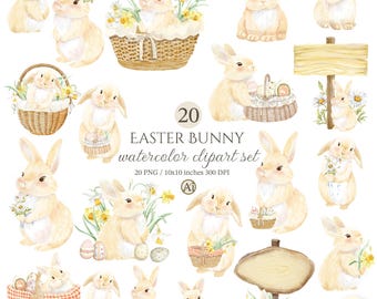 Easter Bunny Clipart Set, Watercolor bunny, Baby Shower Animal Art, Whimsical Nursery, Commercial Use