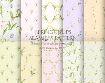 Watercolor Spring Tulip Seamless Pattern, Floral Fabric Design (JPG Digital Paper)