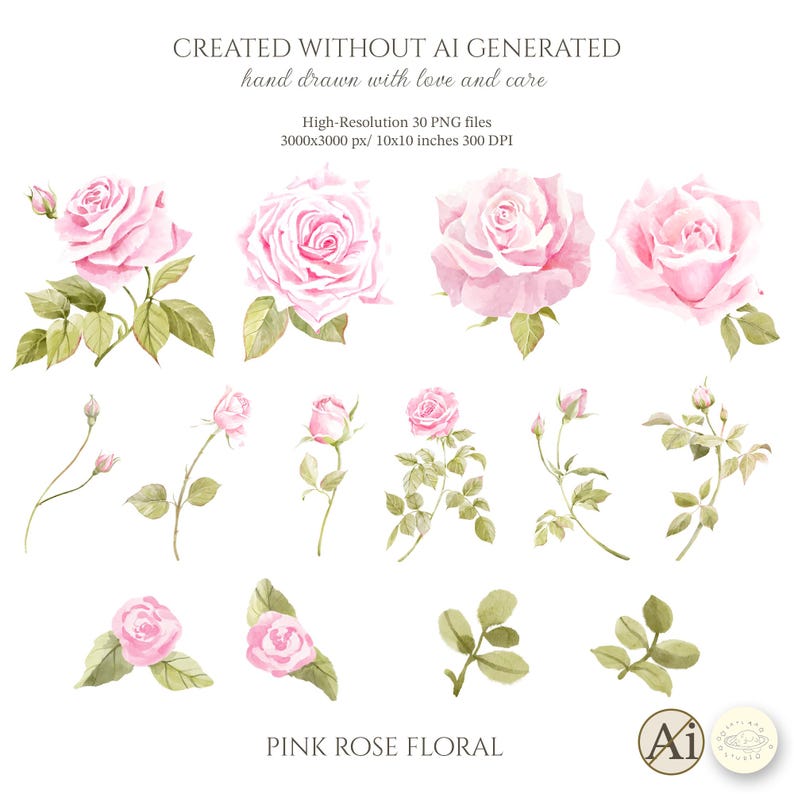 Pink Rose Clipart Set, Watercolor Floral Wreath PNG for Valentine ...