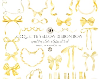 Yellow Ribbon Bow, Coquette Bow Tie, Watercolor Clipart, Hand Painted, PNG file, Commercial Use