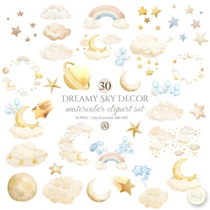 Puede incluir: Conjunto de imágenes prediseñadas de acuarela con elementos de cielo de ensueño. Incluye nubes, estrellas, lunas, arcoíris, planetas y globos en suaves colores pastel. El conjunto incluye 30 archivos PNG, cada uno de 25,4 x 25,4 cm.