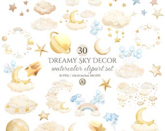 Dreamy Sky Decorate Clipart, Clouds and Stars PNG, Baby Shower, Commercial Use