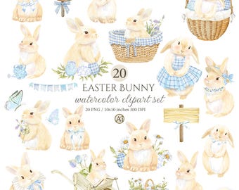 Watercolor Easter Bunny Clipart Set, Baby Boy Shower, Nursery Decor (20 PNG)
