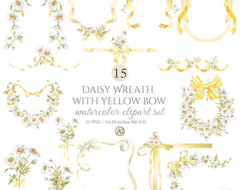 Watercolor Daisy wreath, Floral wreath PNG Graphics (Digital Download)