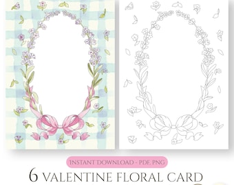 Hand-Drawn valentine Coloring card, floral wreath (PDF/PNG Downloadable Files)