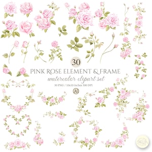 May include: A collection of watercolor clipart elements featuring pink roses and green leaves. The set includes individual roses, rose arrangements, and frames. Text reads "PINK ROSE ELEMENT & FRAME watercolor clipart set".