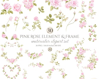 Pink Rose Clipart Set, Watercolor Floral Wreath PNG for Valentine, Wedding Invitation, Commercial Use