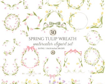 30 Watercolor Tulip Wreath PNG, Easter Wreath Bundle, Spring Flower Clipart, Commercial Use