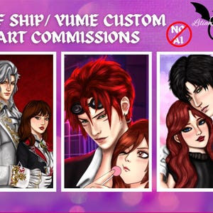 May include: Digital art commissions featuring three anime-style illustrations of couples. The artwork showcases detailed character designs with vibrant colors and a romantic theme. Text at the top reads "SELF SHIP / YUME CUSTOM ART COMMISSIONS".