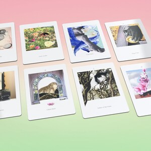 May include: A collection of eight white rectangular cards, each featuring a unique artistic image. The images include surreal collages with flowers, figures, and abstract elements. The cards are arranged on a gradient pink and green background.